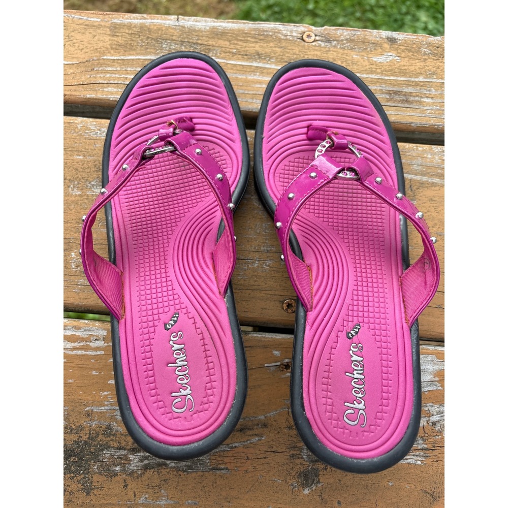 Skechers Cali Womens Pink Black Wedge Flip Flops Studded Platform Sandals Size 6 - Picture 2 of 8